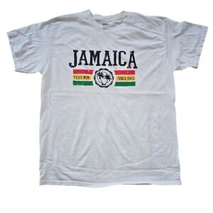 Gildan Jamaica Graphic T-Shirt Men Large White Tropical Reggae Rasta Summer Core